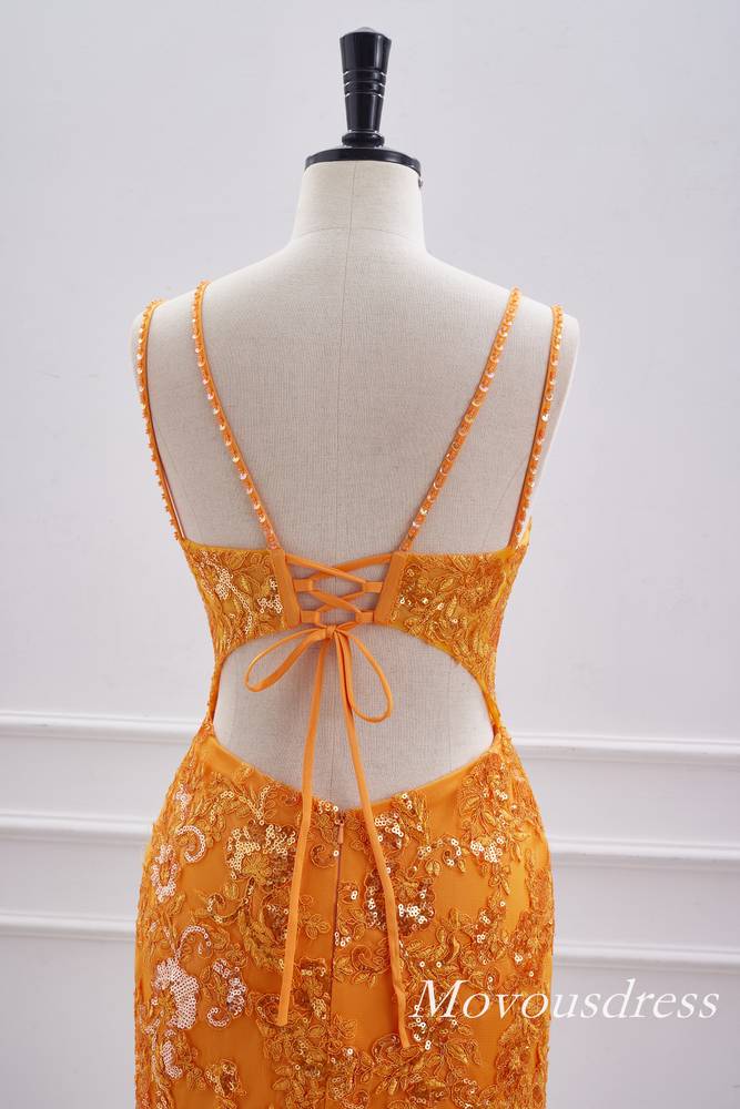 Neon Orange Plunging Neck Applique Tight Homecoming Dress