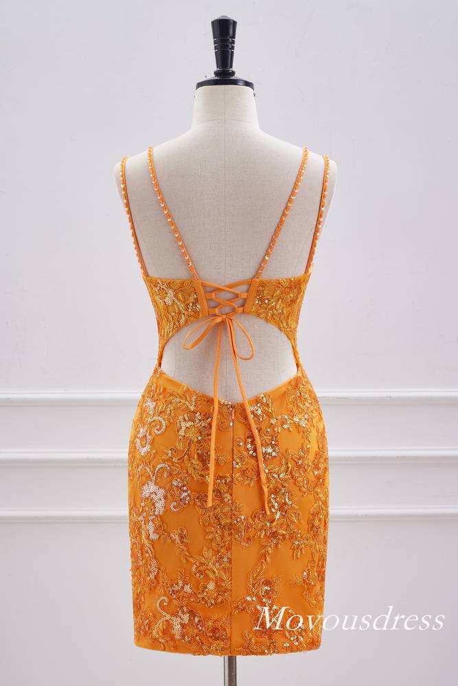 Neon Orange Plunging Neck Applique Tight Homecoming Dress