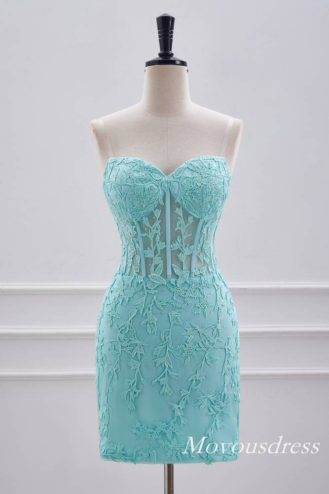 Aqua Green Applique Strapless Bodycon Homecoming Dress with Lace-up