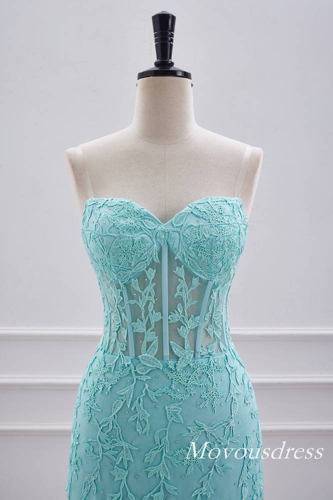 Aqua Green Applique Strapless Bodycon Homecoming Dress with Lace-up