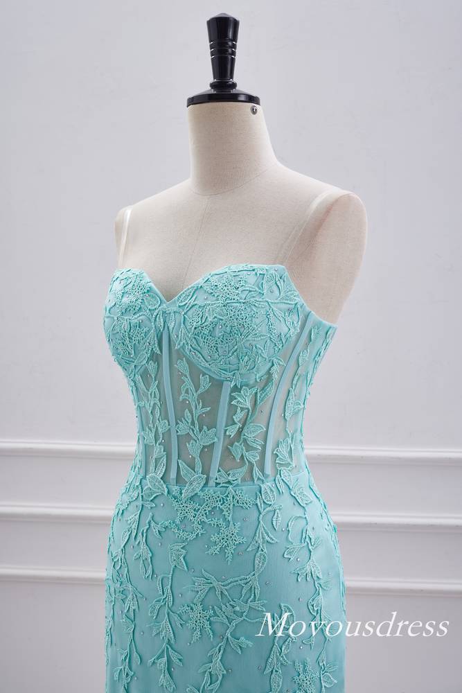 Aqua Green Applique Strapless Bodycon Homecoming Dress with Lace-up