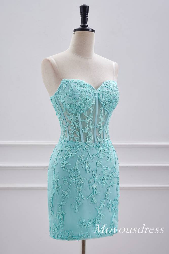 Aqua Green Applique Strapless Bodycon Homecoming Dress with Lace-up