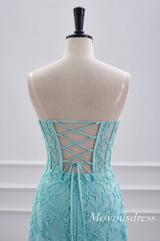 Aqua Green Applique Strapless Bodycon Homecoming Dress with Lace-up