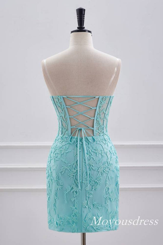 Aqua Green Applique Strapless Bodycon Homecoming Dress with Lace-up