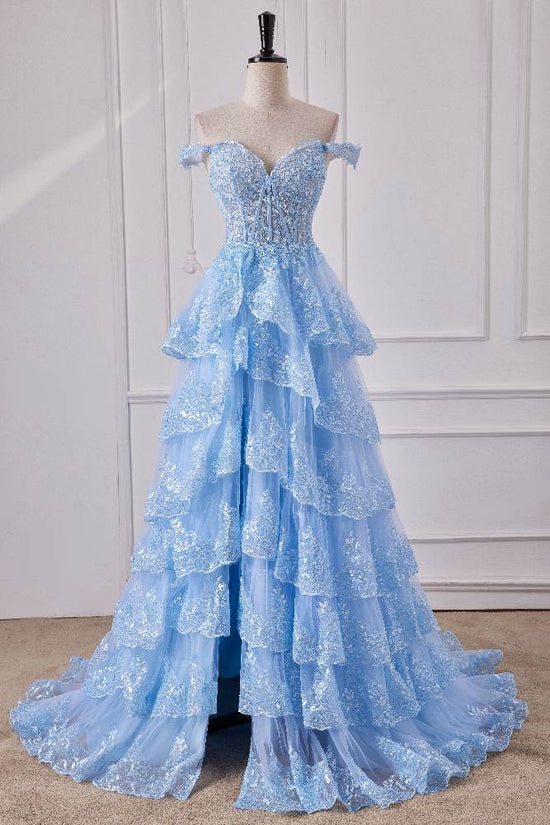 Off the Shoulder Light Blue Sequin Tiered Prom Dress with Slit