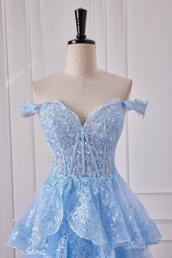 Off the Shoulder Light Blue Sequin Tiered Prom Dress with Slit