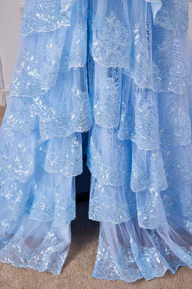 Off the Shoulder Light Blue Sequin Tiered Prom Dress with Slit