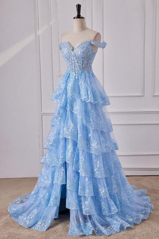 Off the Shoulder Light Blue Sequin Tiered Prom Dress with Slit