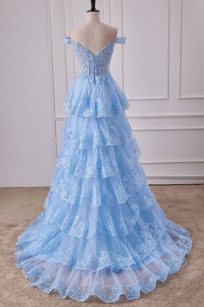 Off the Shoulder Light Blue Sequin Tiered Prom Dress with Slit