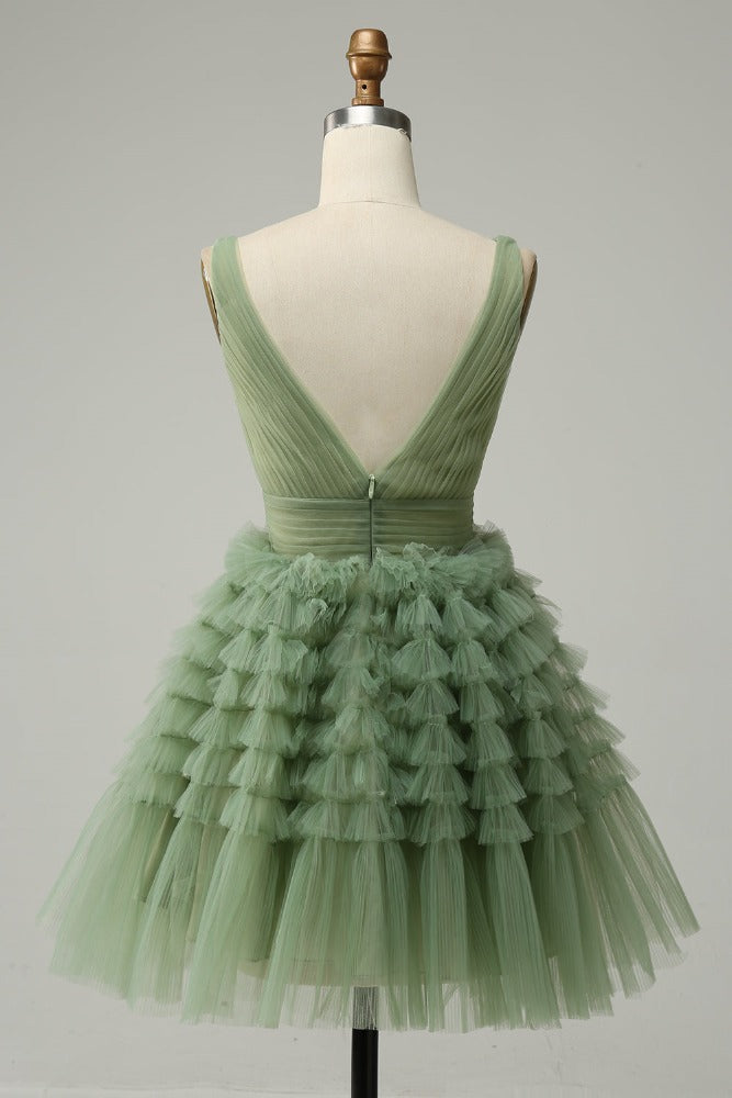 Sage Green V-neck Muiti-Layer A-line Homecoming Dress