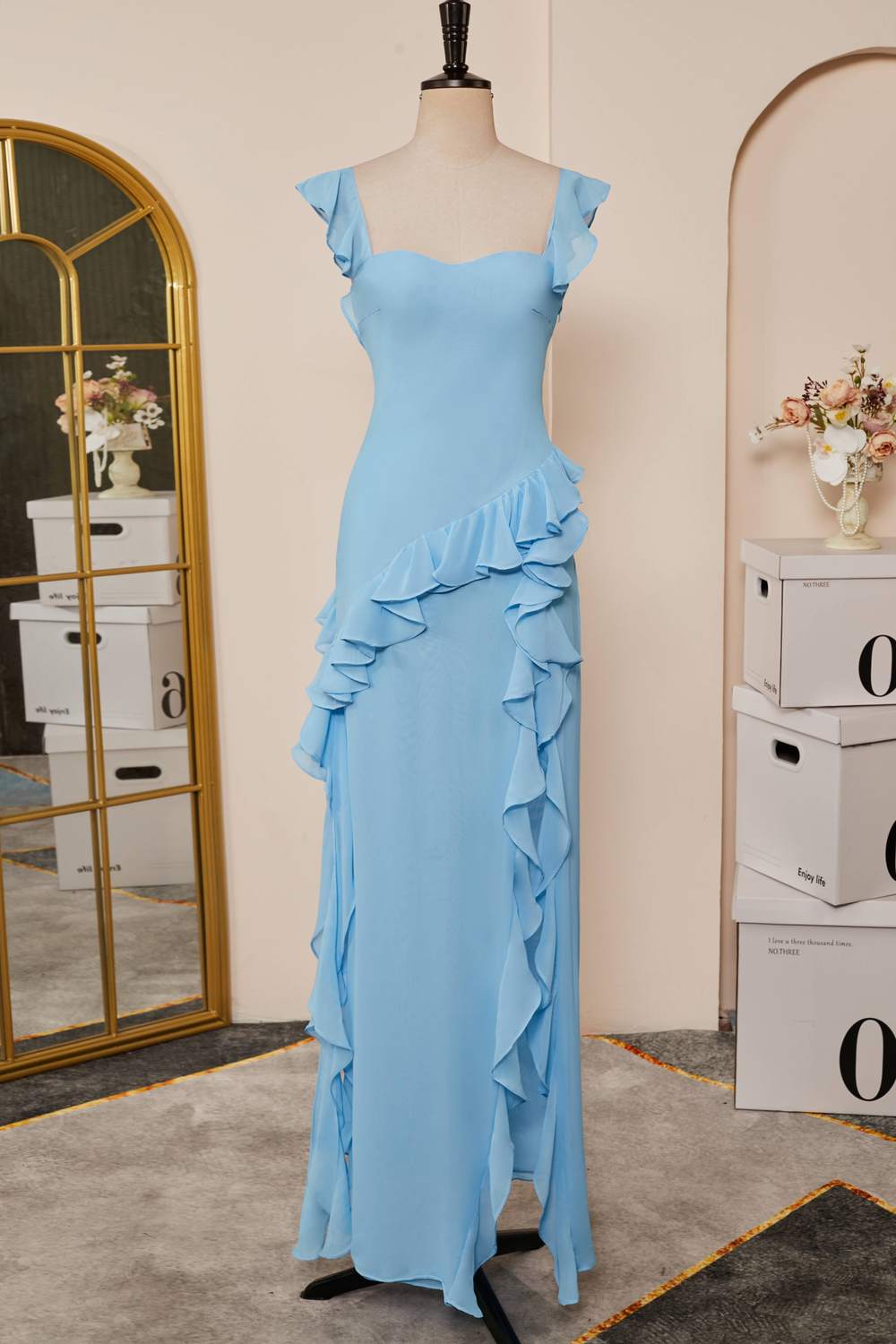 Flutter Straps Light Blue Ruffled Slit Long Bridesmaid Dress