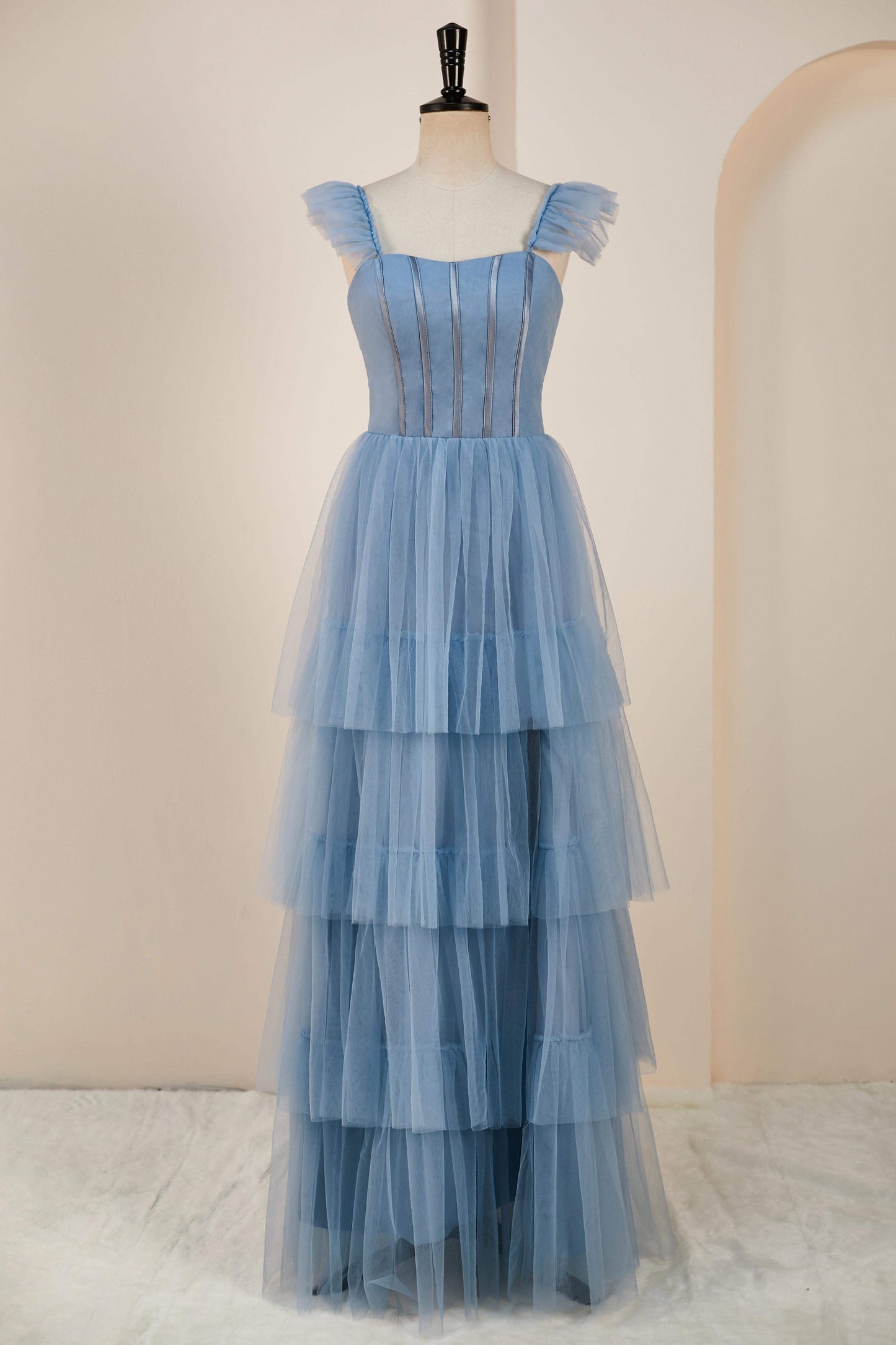 Flutter Sleeves Dusty Blue Ruffle A-line Slit Long Bridesmaid Dress