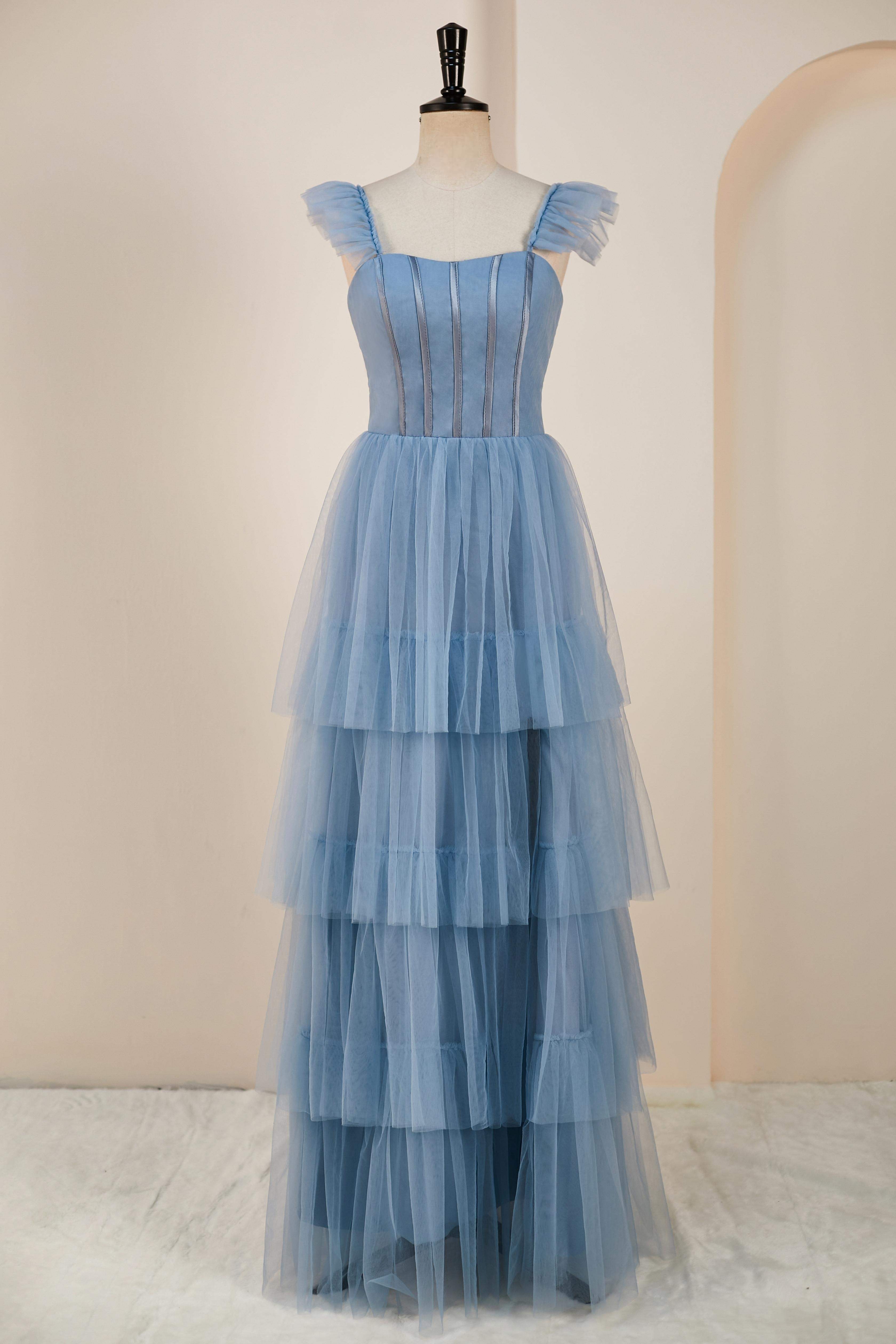 Flutter Sleeves Dusty Blue Ruffle A-line Slit Long Bridesmaid Dress