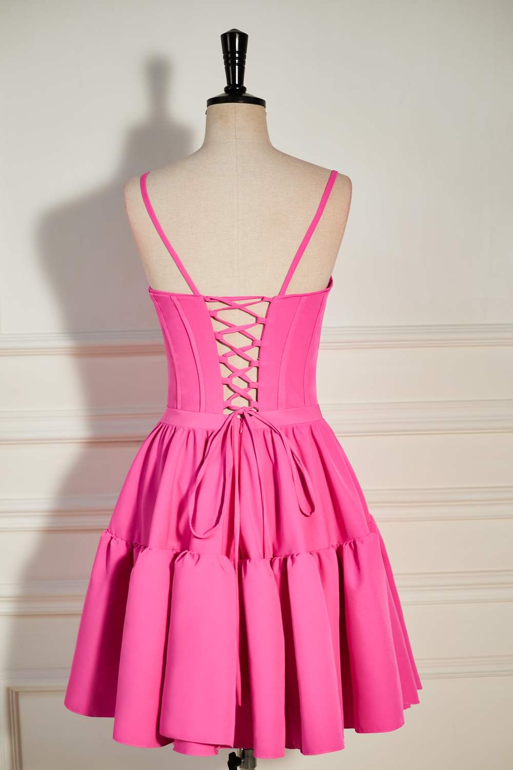 A-line Hot Pink Ruffled Criss Cross Back Homecoming Dress