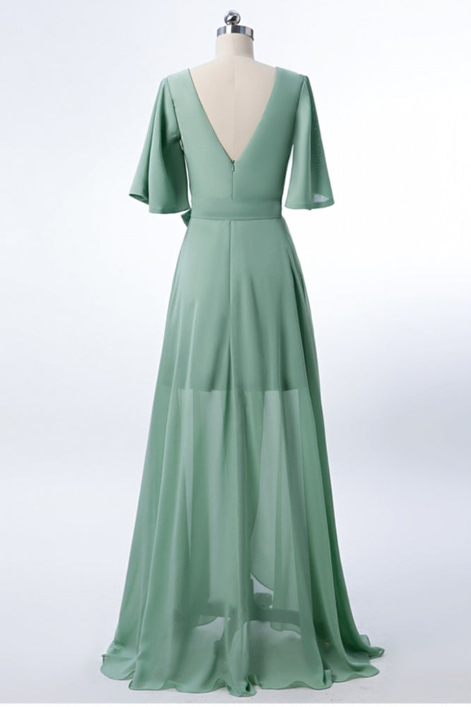 Dusty Green V-Neck Chiffon Bridesmaid Dress with Flutter Sleeves