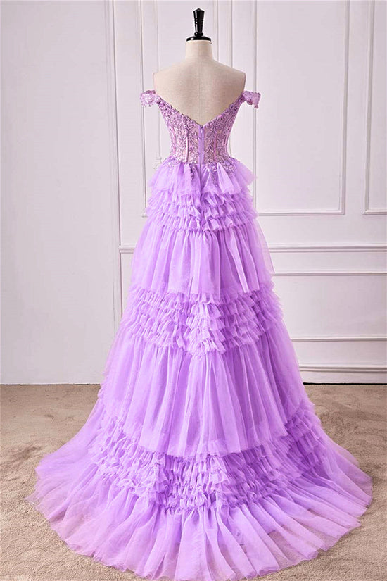 Off-Shoulder Lavender Lace Applique A-line  Ruffle Long Prom Dress