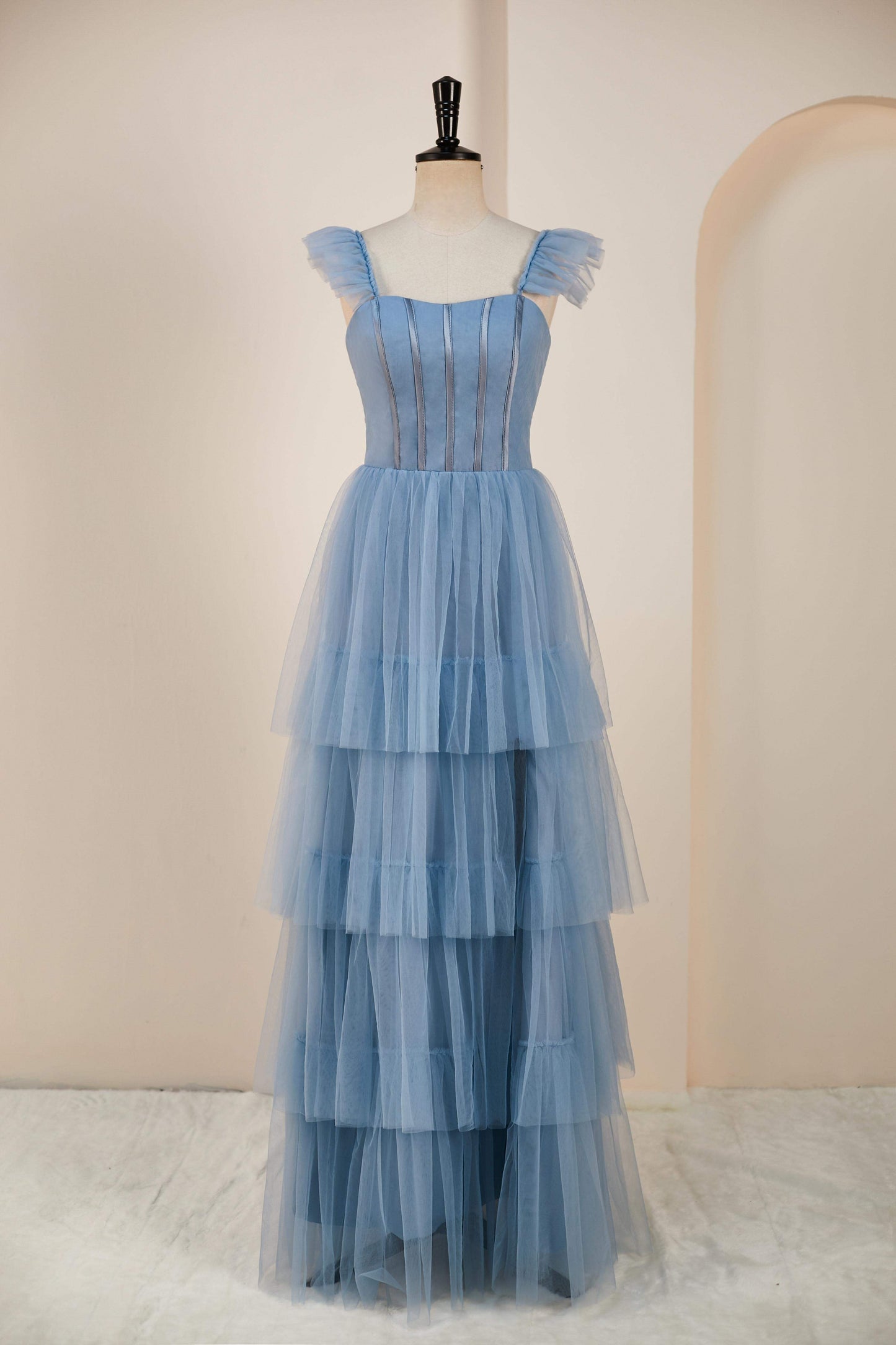 Flutter Sleeves Dusty Blue Ruffle A-line Slit Long Bridesmaid Dress