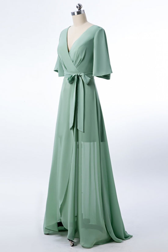 Dusty Green V-Neck Chiffon Bridesmaid Dress with Flutter Sleeves