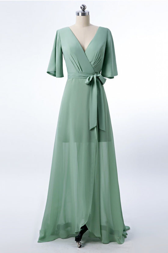 Dusty Green V-Neck Chiffon Bridesmaid Dress with Flutter Sleeves