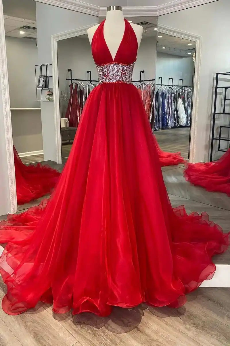 Sexy V-Neck Halter Sleeveless Empire Beaded Tulle Prom Dress