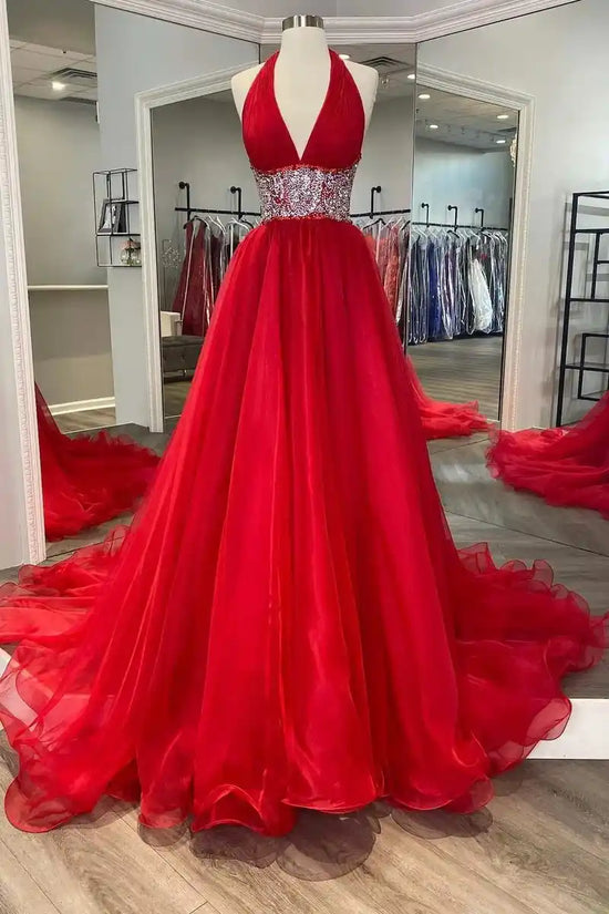 Sexy V-Neck Halter Sleeveless Empire Beaded Tulle Prom Dress