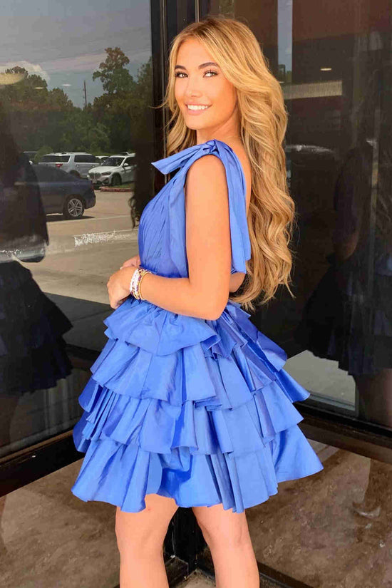 Blue V-Neck A-line Ruffle Homecoming Dress with Bow