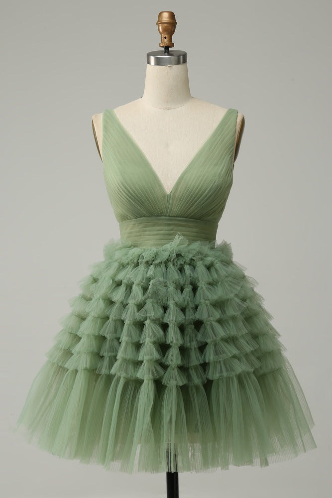 Sage Green V-neck Muiti-Layer A-line Homecoming Dress