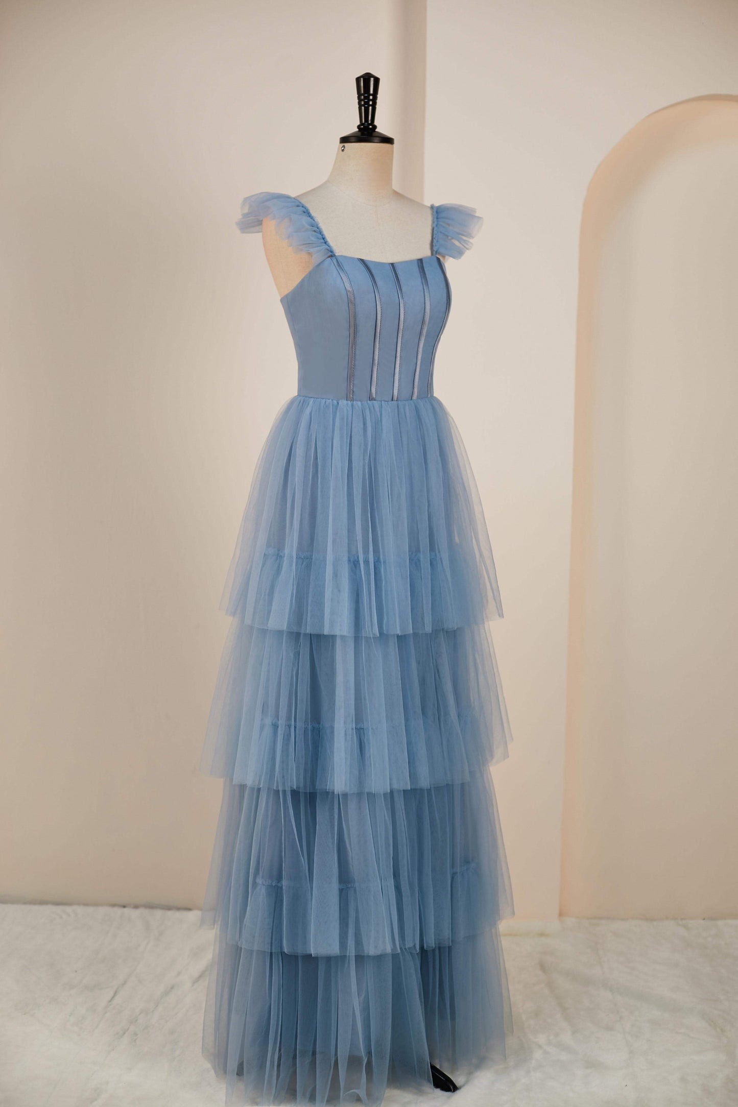 Flutter Sleeves Dusty Blue Ruffle A-line Slit Long Bridesmaid Dress