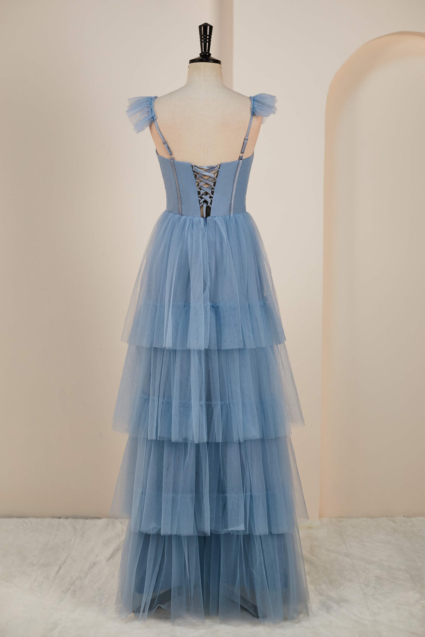 Flutter Sleeves Dusty Blue Ruffle A-line Slit Long Bridesmaid Dress