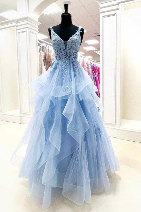 Light Blue V-Neck Applique Ruffle Tulle Prom Dress