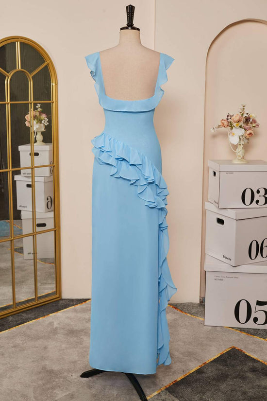 Flutter Straps Light Blue Ruffled Slit Long Bridesmaid Dress