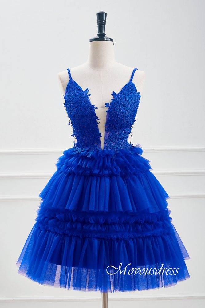 Plunging Neck Royal Blue Applique Ruffle Homecoming Dress