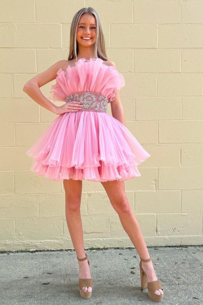 Strapless Pink  Ruffle Pleated Homecoming Dress with Beaded Band Waist