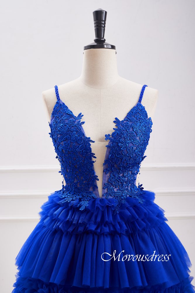 Plunging Neck Royal Blue Applique Ruffle Homecoming Dress