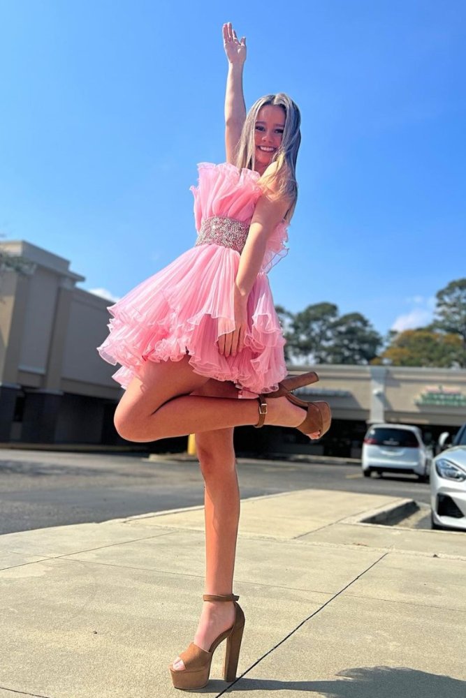 Strapless Pink  Ruffle Pleated Homecoming Dress with Beaded Band Waist