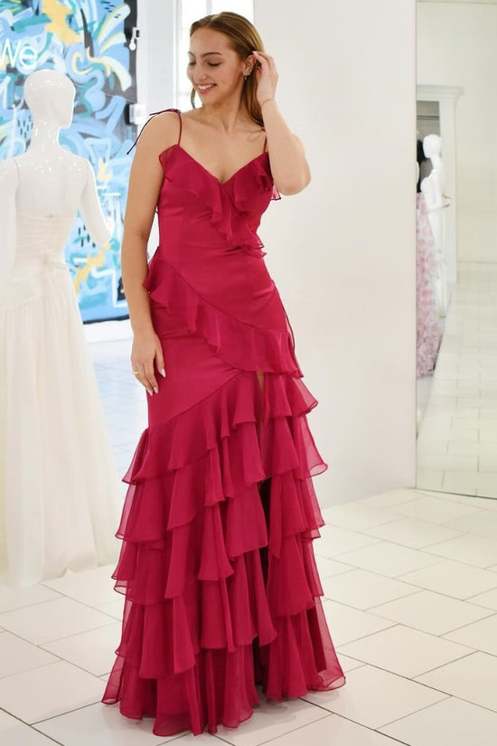 Burgundy V-Neck Ruffle Long Prom Dress with Slit