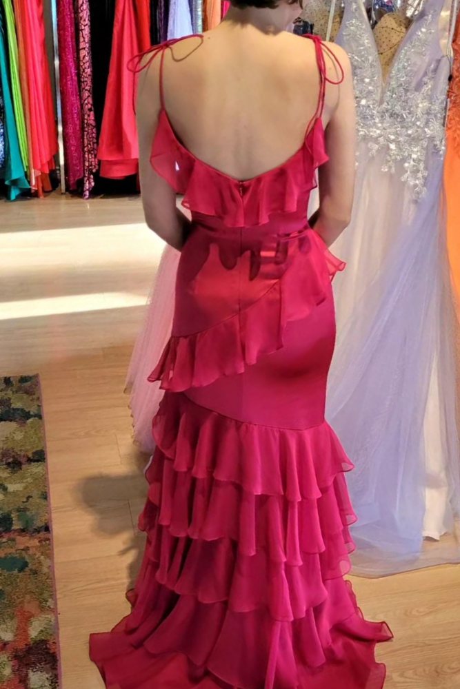 Burgundy V-Neck Ruffle Long Prom Dress with Slit