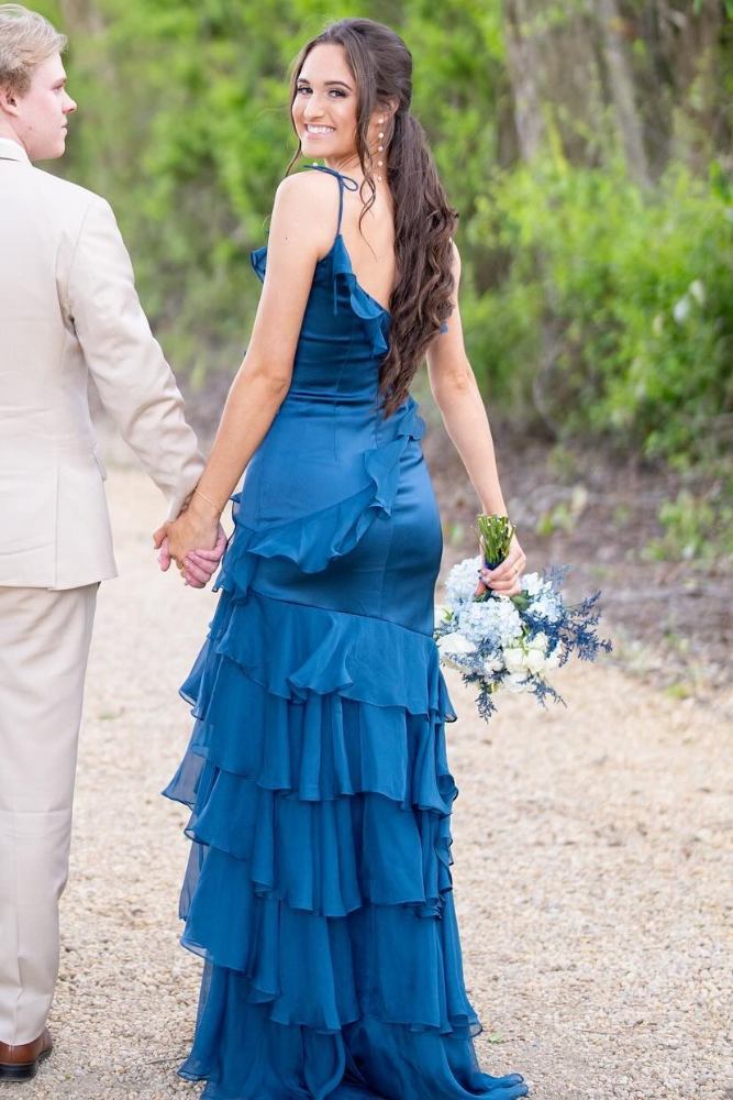 Blue V-Neck Ruffle Long Prom Dress with Slit