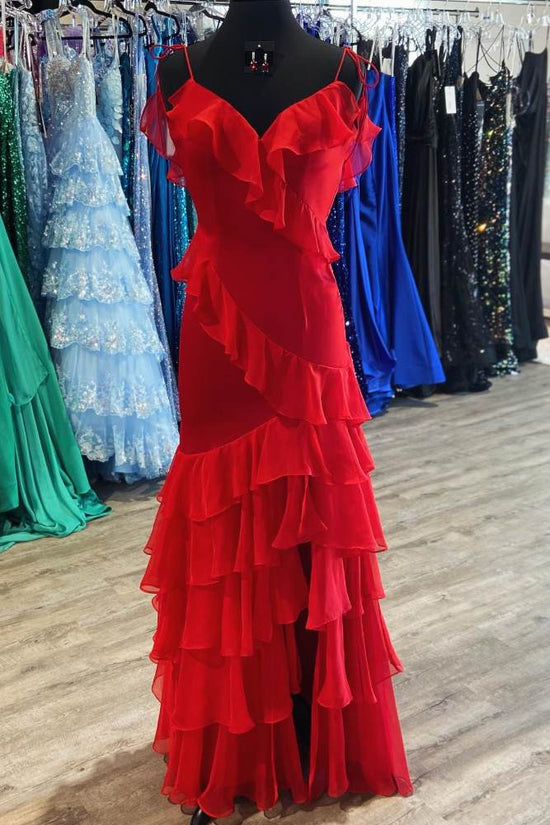 Red V-Neck Ruffle Long Prom Dress with Slit