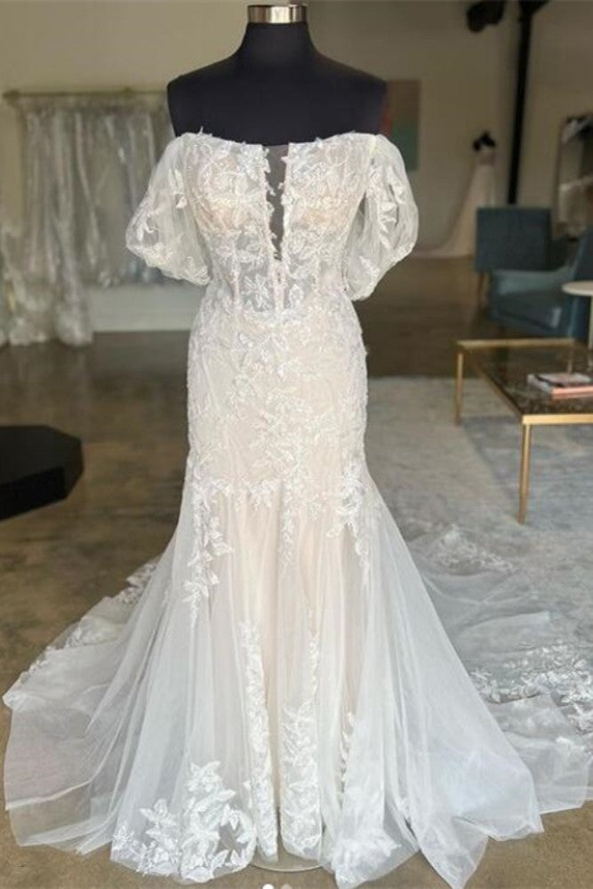 Off the Shoulder Lace Mermaid Wedding Dress with Puff Sleeves