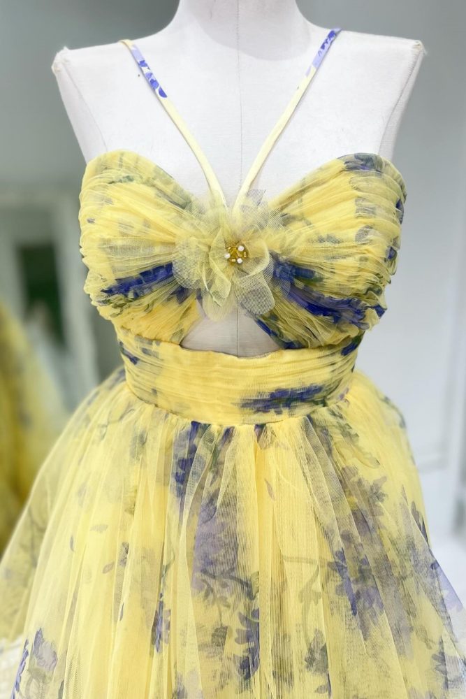 Yellow Floral Ruffle Layered Tulle Prom Dress