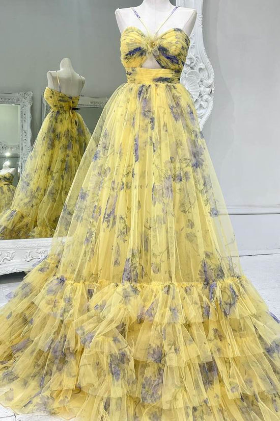 Yellow Floral Ruffle Layered Tulle Prom Dress