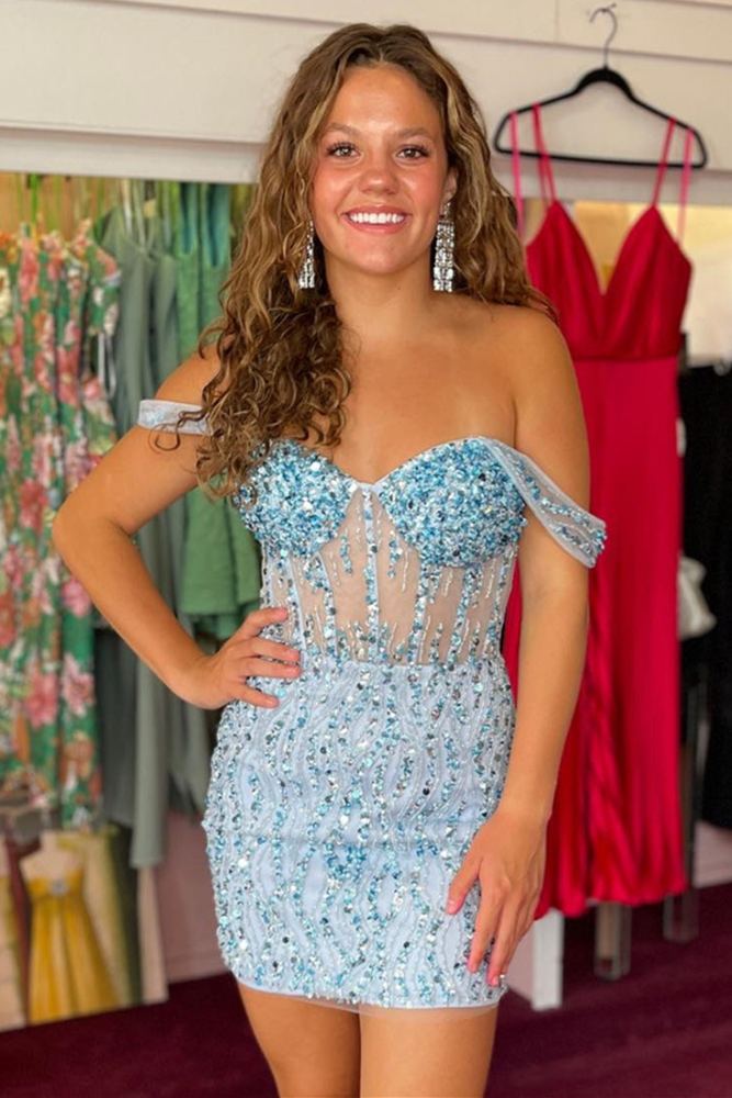 Light Blue Off the Shoulder Sequin Tight Homecoming Dress