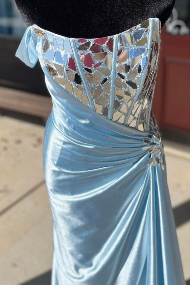 Blue Side Pleated Mirror-Cut Sequin Prom Dress