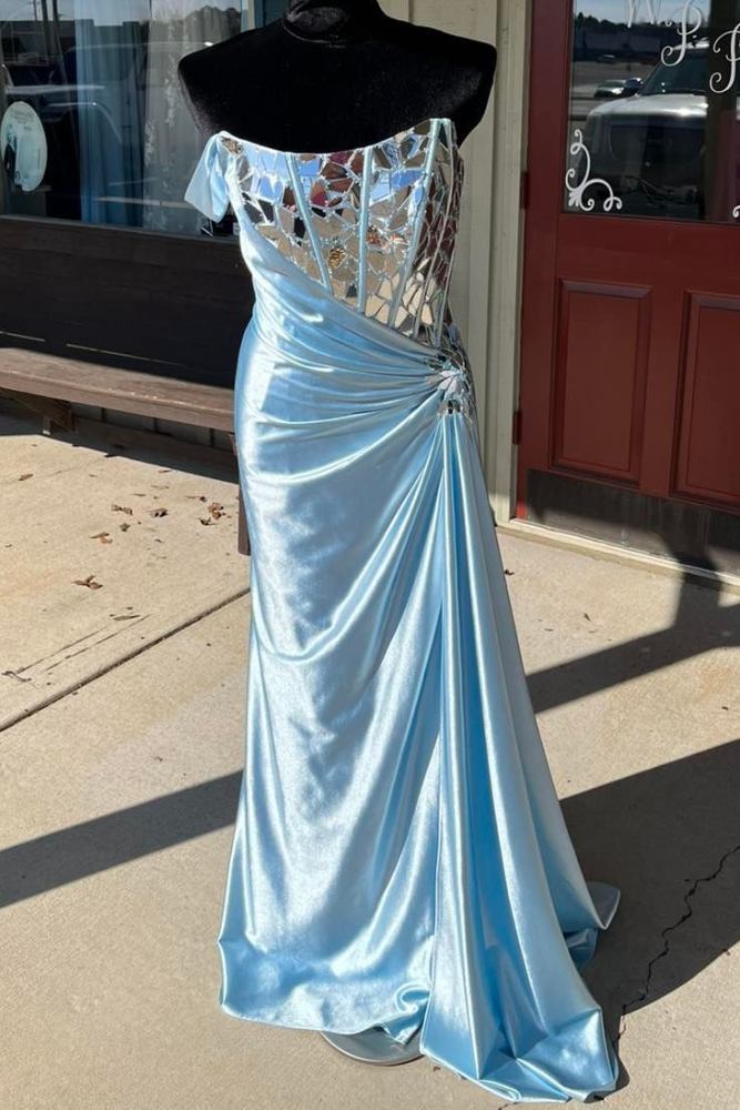 Blue Side Pleated Mirror-Cut Sequin Prom Dress