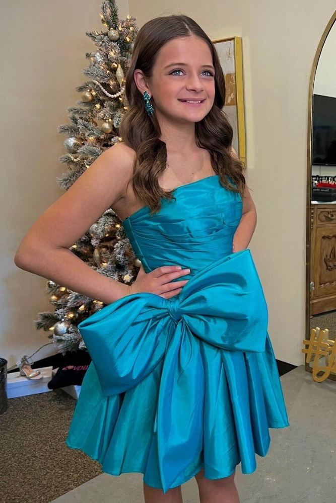 Blue Strapless A-line Satin Homecoming Dress with Bow