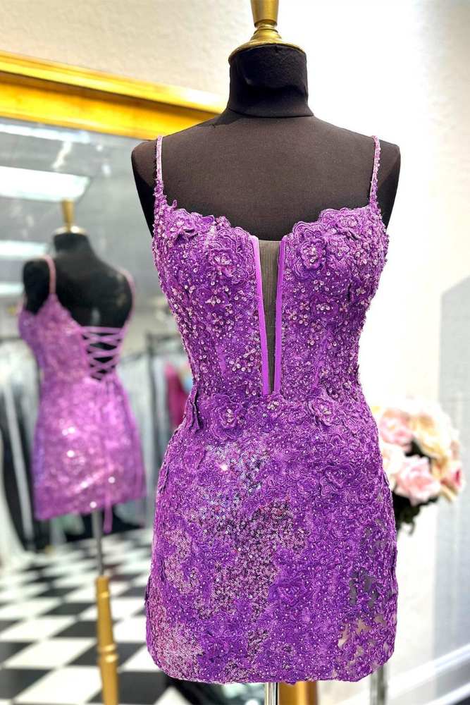 Purple Straps Applique Sequin Homecoming Dress with Lace-up