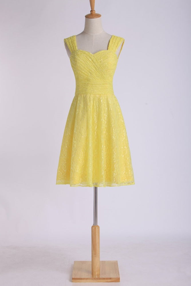 Yellow Straps Pleated Short Bridesmaid Dress