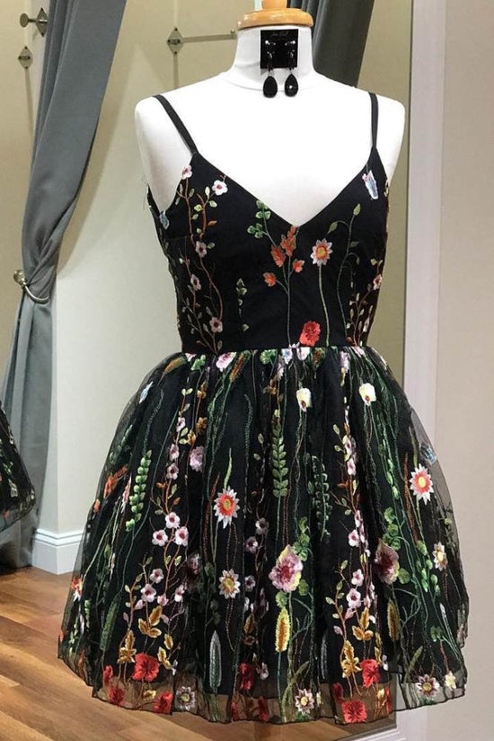 Black Straps Embroidery A-Line Homecoming Dress