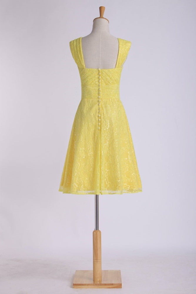 Yellow Straps Pleated Short Bridesmaid Dress